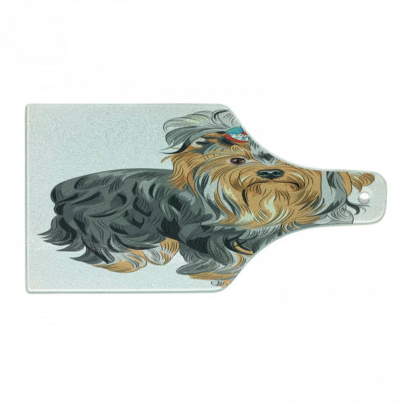 Yorkie Cutting Board, Terrier with Bow on Head Colored Sketch Speckled Dog Lifelike Beast Yorkie, Decorative Tempered Glass Cutting and Serving Board, Wine Bottle Shape, Grey Apricot, by Ambesonne