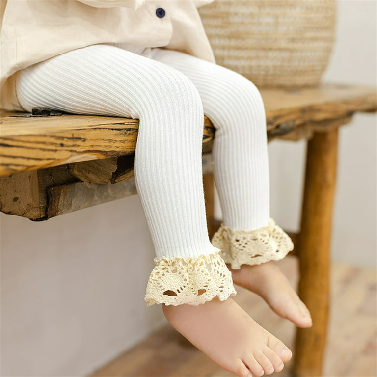 Girls Toddler Baby Lace Ribbed Knit Stretch Leggings Footless Tights Kids  Bottom Long Pants Lace Trim Flower Appliqued White 2-4 Years