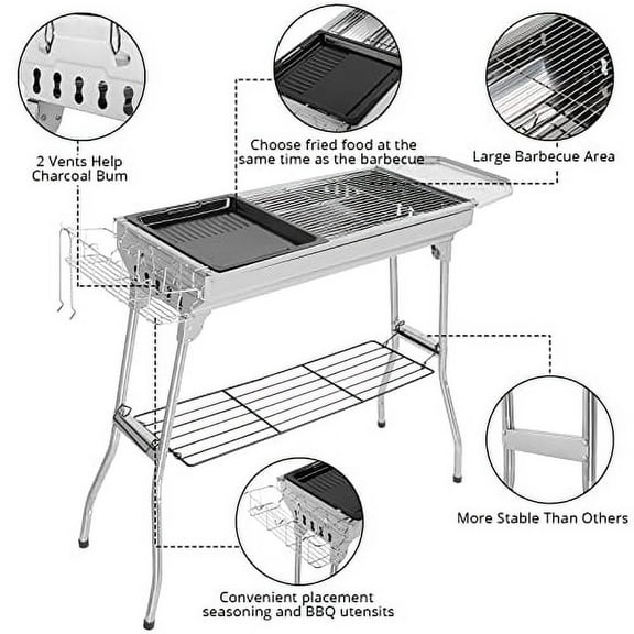 Outvita Portable Charcoal Grill, 39 x 12x 28" Foldable Barbecue Grill, Stainless Steel BBQ Grill and Smoker for Outdoor Cooking Camping Hiking Picnic Garden Beach Party(Large)