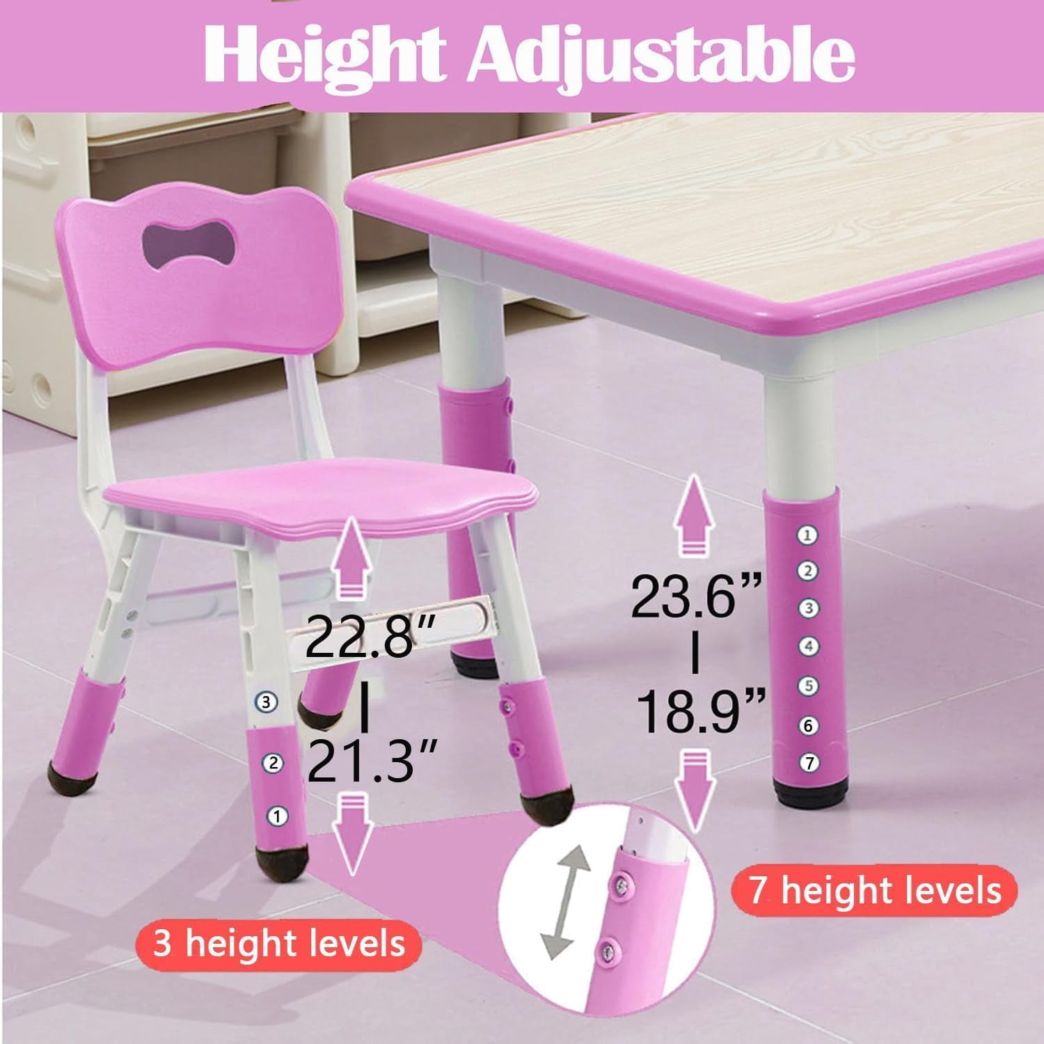 Height Adjustable Kids Table and 6 Chair Set - Multifunctional Desk with Ergonomically Designed Chairs, Supports Up to 300 lbs, Ideal for Ages 2-10 in Classrooms, Daycares, and Home Use