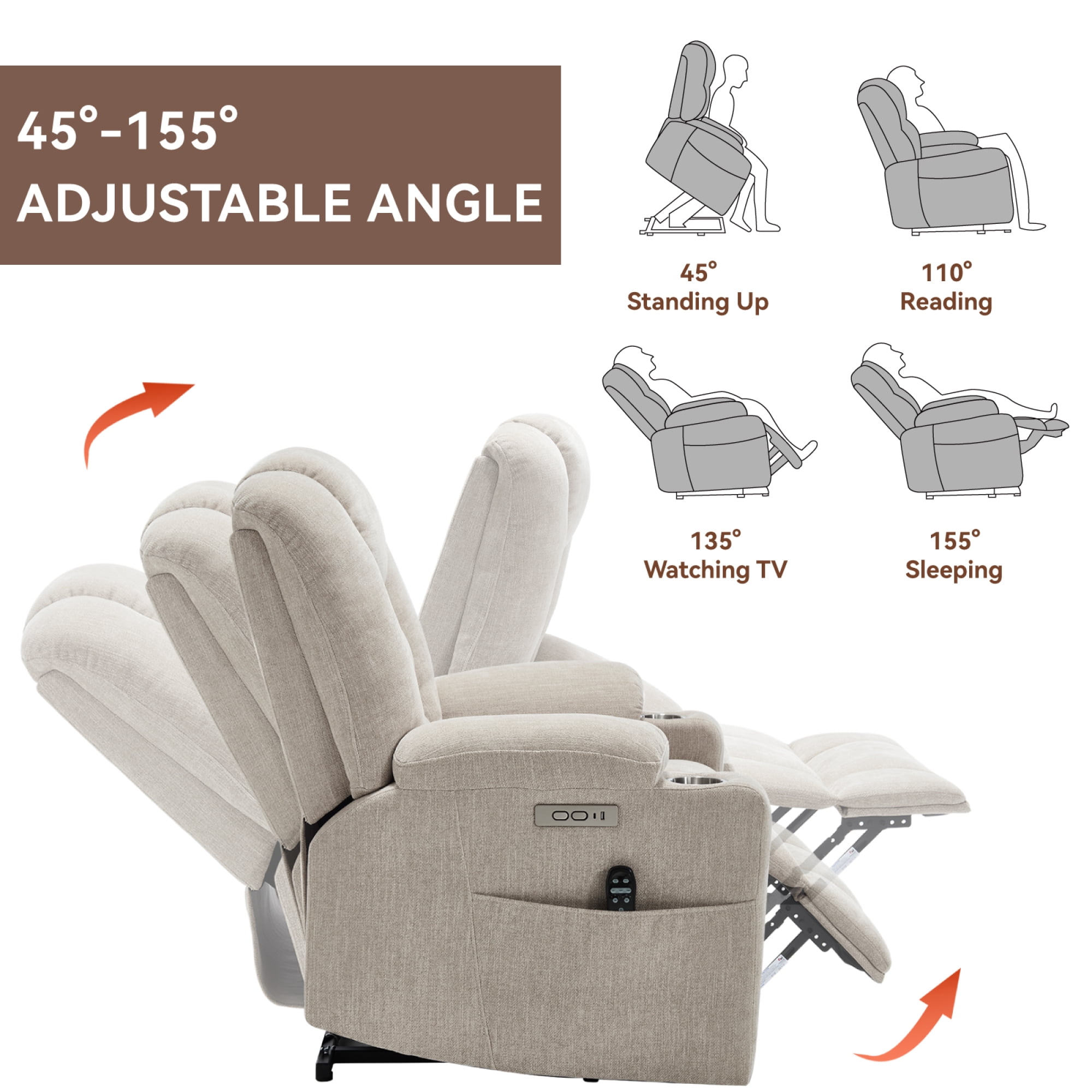 Large Power Lift Recliner Chair with Massage and Heat for Elderly,Chenille Overstuffed Wide Recliners with USB and Type C Ports, 2 Steel Cup Holders,Beige