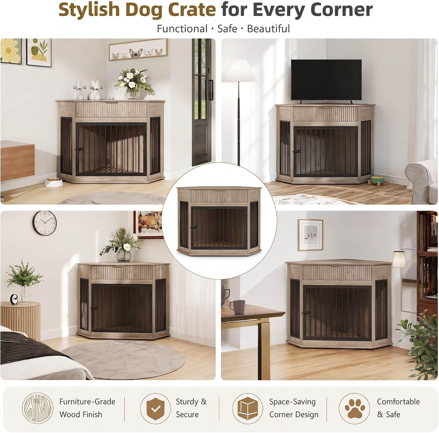 44.6" Corner MDF Dog Crate Furniture, Dog Kennel End Table with Fluted Drawer Storage, Grey Oak for Small/Medium Dogs Indoor