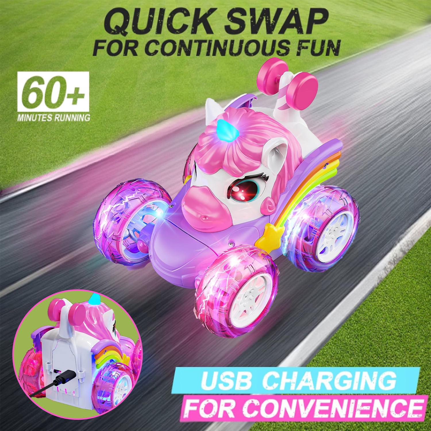 Sunforu Pink Unicorn RC Car for Girl, 360° Stunt Rotation 4WD Remote Control Cars with Lights and Music, Birthday Gift for 3 4 5 6 Years Old Girl