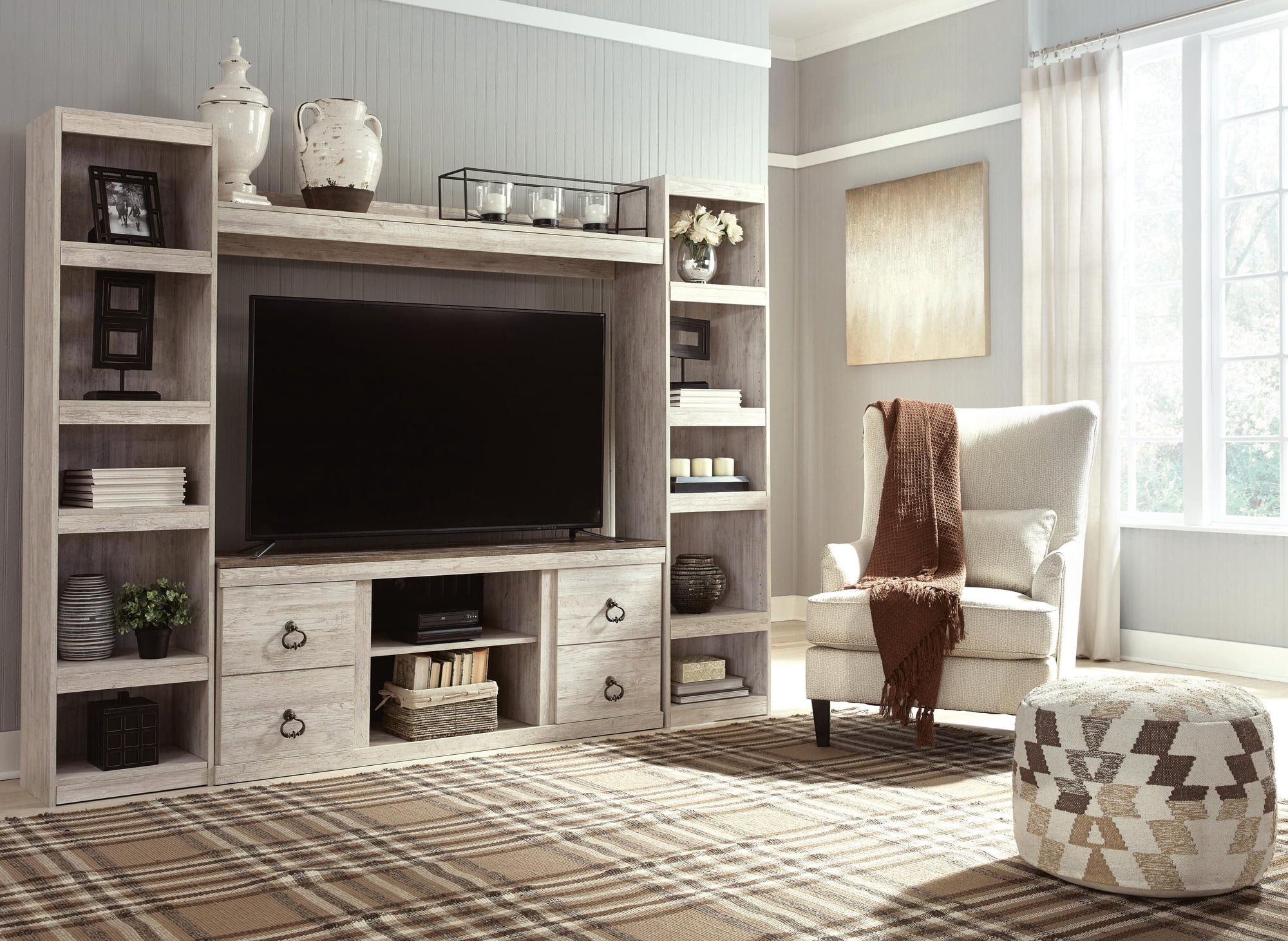 Signature Design by Ashley Willowton TV Stand with Fireplace Option, Whitewash, Coastal Entertainment Center for TVs up to 65" with Storage