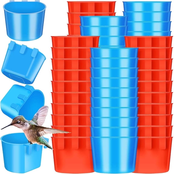 100 Pcs Cage Cup Bird Cage Feeder Chicken Feeding Bowl for Pet Birds & Poultry - Red and Blue