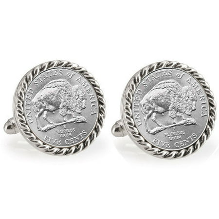 2005 Bison Nickel Silvertone Rope Bezel Coin Cuff Links