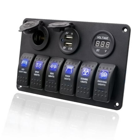 Gang Fuse Panel - Waterproof Rocker Switch Panel with Fuse, 6 Gang ON-OFF Toggle Switch + Dual USB + digita l Voltmeter Blue LED for Marine Boat Car Rv Vehicles Truck