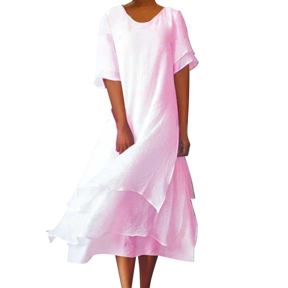 XVJRHAK Petite Maxi Dresses for Women Petite Length Women's Solid Round Neck Buttonless Cotton And Linen Irregular Flowing Hem Long Casual Dress Mid-Length(Red,XL)