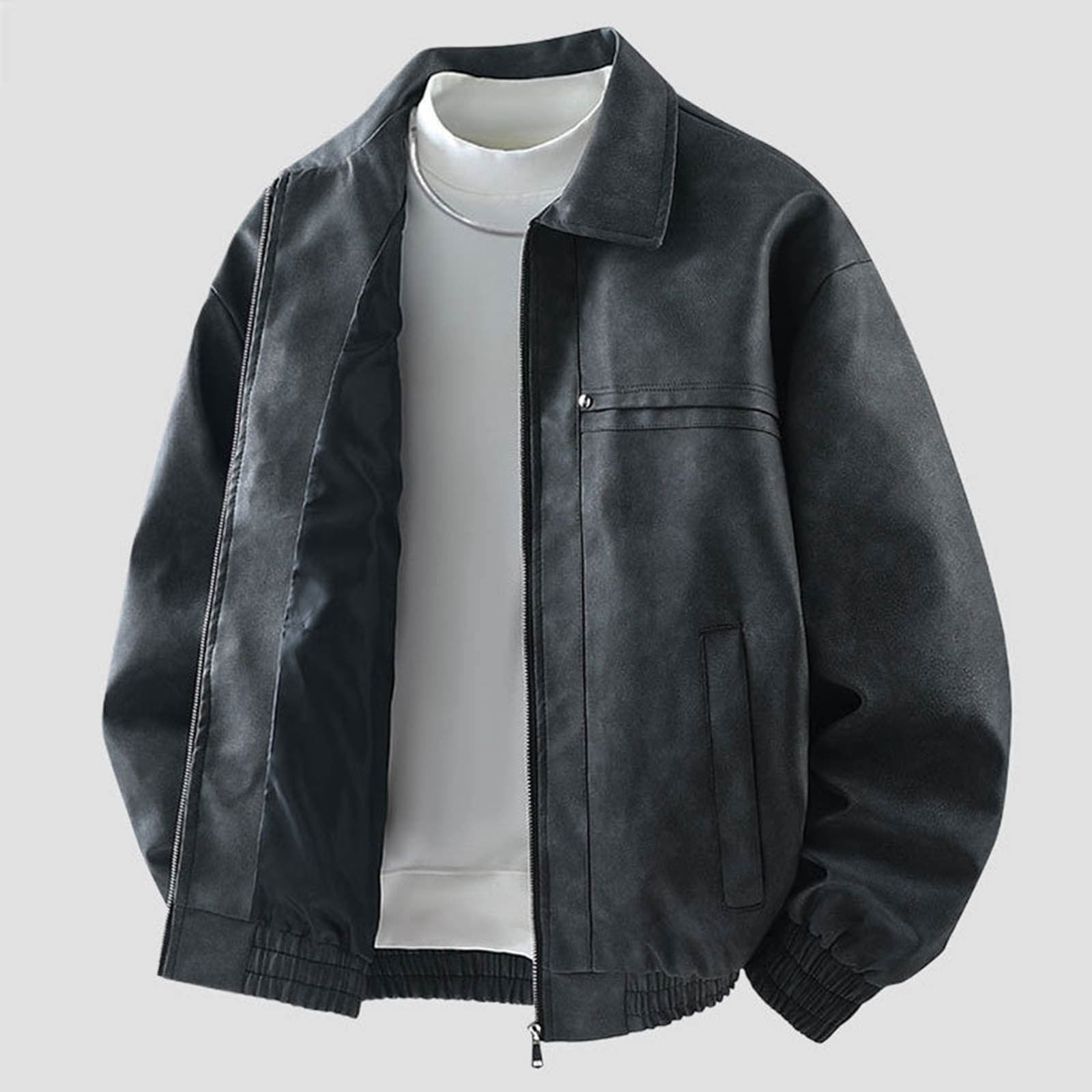 Suede Jacket for Men Loose Faux Leather Outwear Casual Full Zip Vintage Varsity Leather Bomber Jacket Jacket Windproof Black M