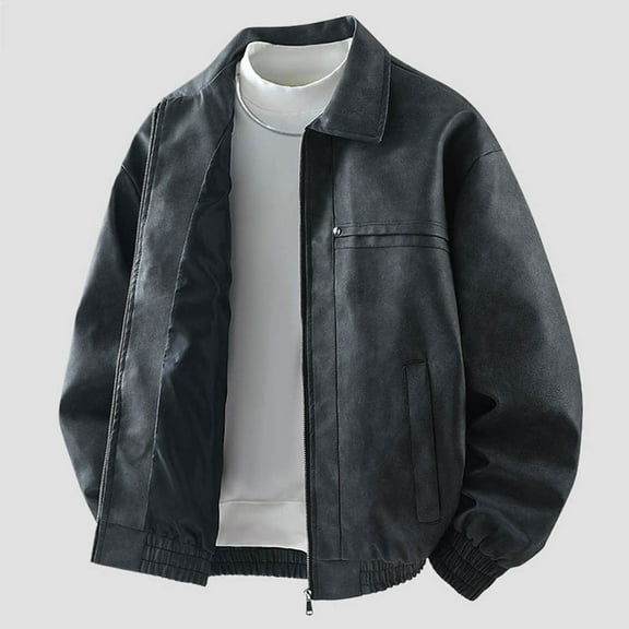 Mens Womens PU-Leather Jackets with Pockets Zip-Up Collared Coats Couples Trendy Solid Color Long Sleeve Windbreaker Warm Motorcycle Outerwear Jacket