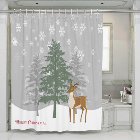 Forest Deer Shower Curtain Winter Illustration Mountain Pine Tree Wild Animal Print Landscape Decor Hanging Curtain Bath Curtain