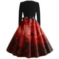 thumbnail image 3 of WTOBBY Women's Stylish Round Neck Casual Slim Fit Halloween Printed Swing Dress with Long Sleeves, Flared Hem, and Retro Design for Party Fashion ,Wine S, 3 of 3