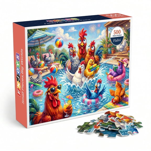 Funny Chicken Pool Party Jigsaw Puzzle for Adults 500 Pieces, Colorful Whimsical Rooster Summer Scene, Premium Thick Cardboard with Perfect Fit, Relaxing Home Entertainment and Unique Gift Idea