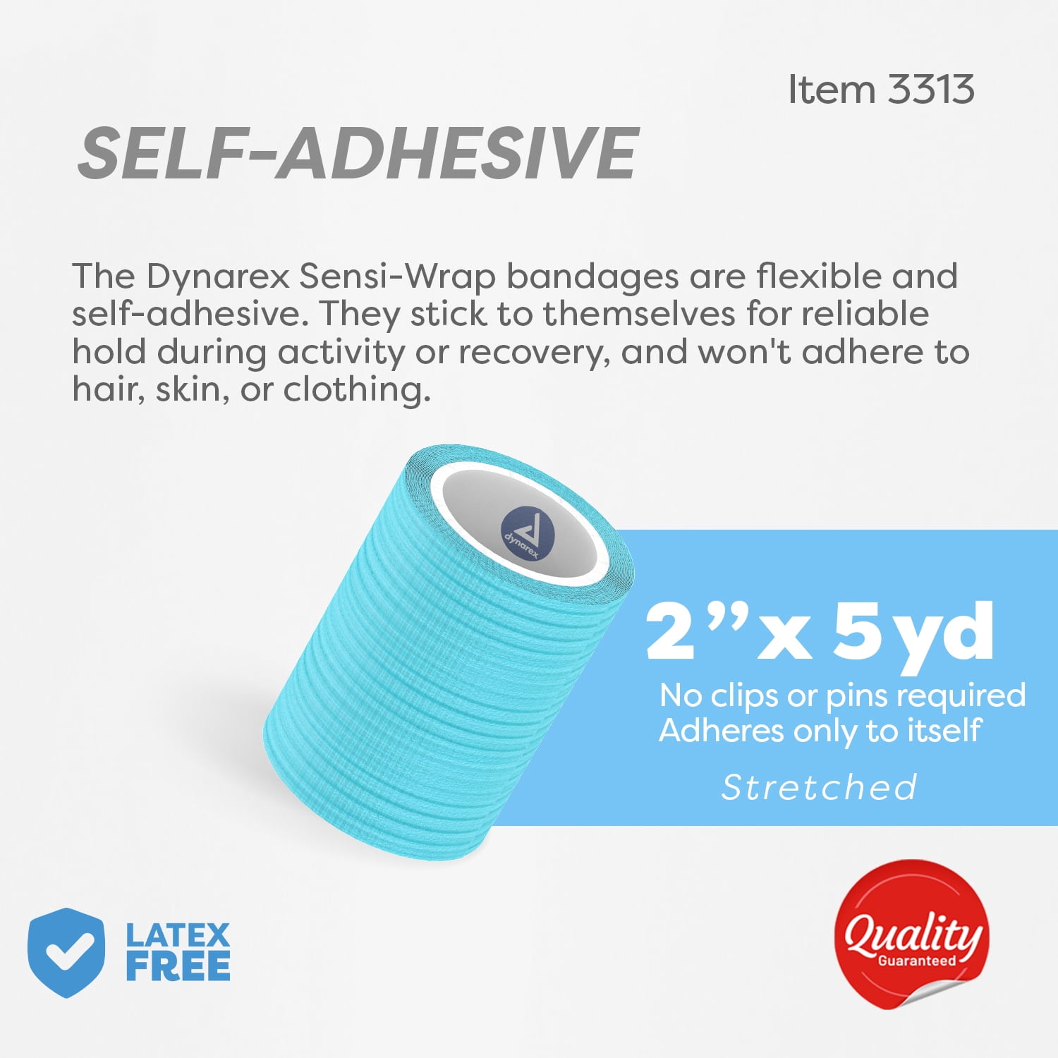 Dynarex Sensi-Wrap Self-Adhesive Bandages, 36-Pack, 2" x 5 yards, Light Blue, Latex-Free, Colored Elastic Cohesive Athletic Tape, Tattoo Grip & Vet Wrap