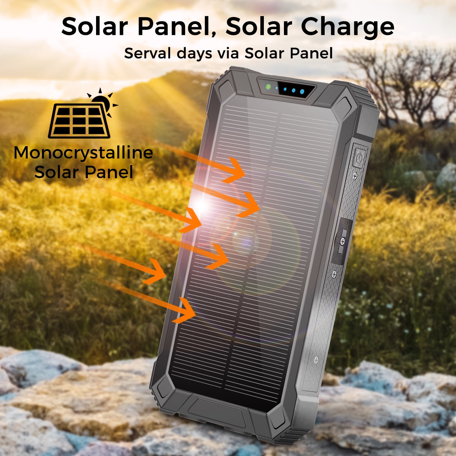 Alpha Digital Solar Power Bank, Wireless Charging, 20000mAh, Built-in Cables, IP65 Waterproof, Digital Display