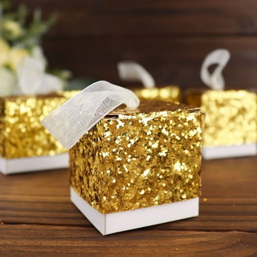 Efavormart 25 Pack | 2" Gold Sequin Glitter Mini Gift Boxes With White ...