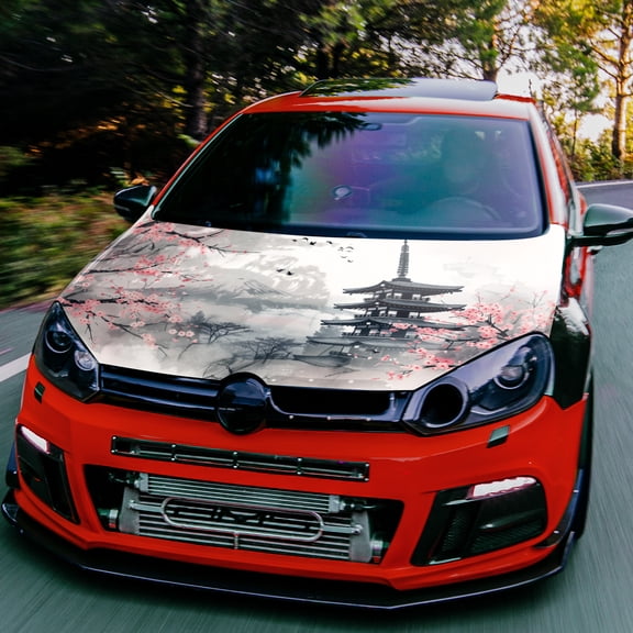 Japanese Style, Cherry Blossoms, Mount Fuji, Car Hood Wrap with Decorative Temple, Scratch-Resistant Waterproof Self-Adhesive Vinyl Decal, Easy to Remove, Car Stickers, Car Hood Sticker, Car Wrap Vin