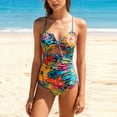 thumbnail image 2 of Floral Print One Piece Swimsuit for Women Halter Cutout Swimwear with Side Ruched Waist Summer Bathing Suits 2XL, 2 of 5