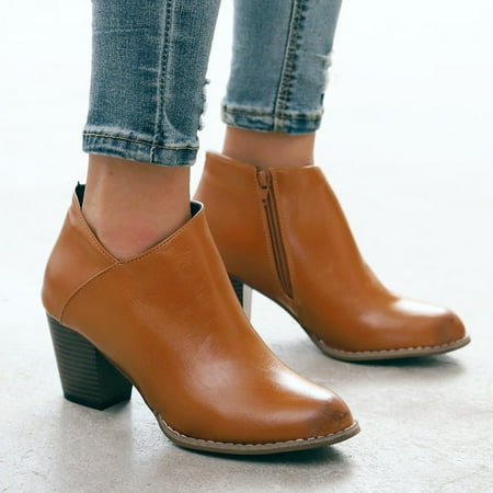 

YOTAMI Women s Boots Fashion Square Heels Zipper Solid Color Short Booties Round Toe Shoes Leisure Brown