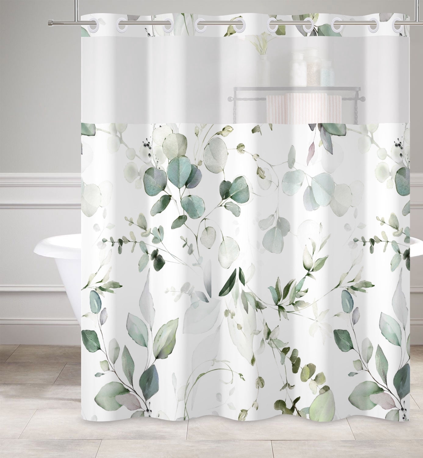 Mizhona Green Hookless Shower Curtain with Snap in Liner Summer Leaves Fabric No Hook Bathroom Curtain with Liner,71"x74"