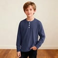 thumbnail image 2 of Posijego Boys Long Sleeve Shirts Casual Crew Neck Solid Color Button T-Shirts Loose Spring Pullover Tee Tops 4-14 Years, 2 of 6