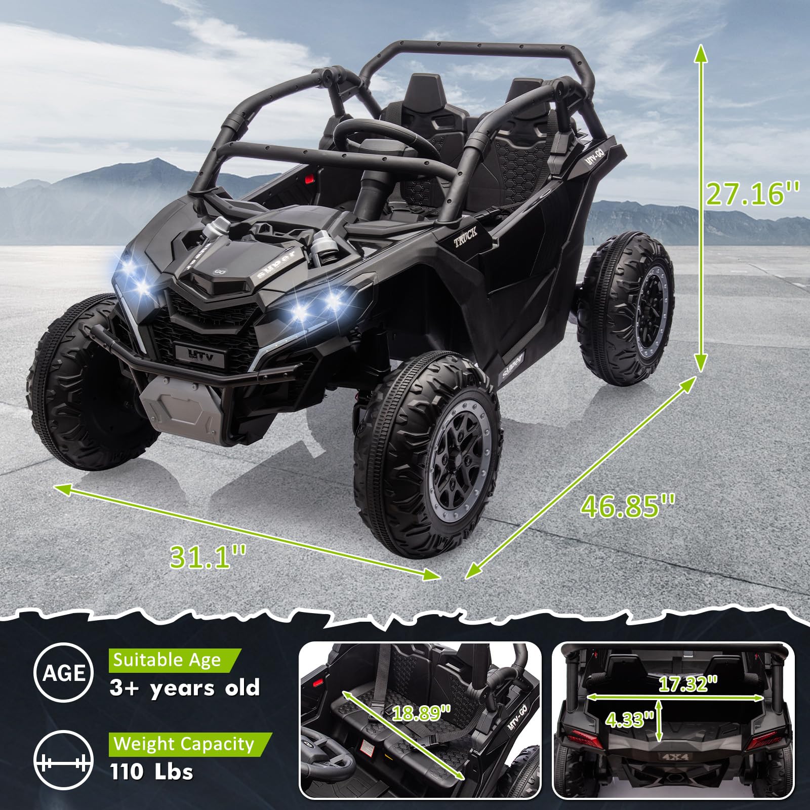 Luku 24V 2-Seater 4WD Kids Ride-On UTV, Parent Remote Control, 4 Shock Absorbers, LED Lights, Music, 3-Speed, Off-Road Electric Truck for Ages 3+