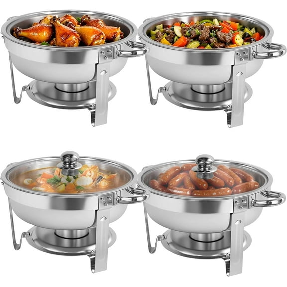 PRIJESSE Chafing Dish Buffet Set 4 PACK, 6Qt Round Stainless Steel Chafer for Catering,Buffet Servers and Warmers Set, Silver with glass lid