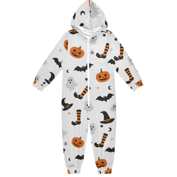 Halloween Seamless Pumpkins Boys & Girls Hooded One-Piece Pajamas Warm Crystal velvet Hooded Long Sleeve Loungewear Jumpsuit Unisex