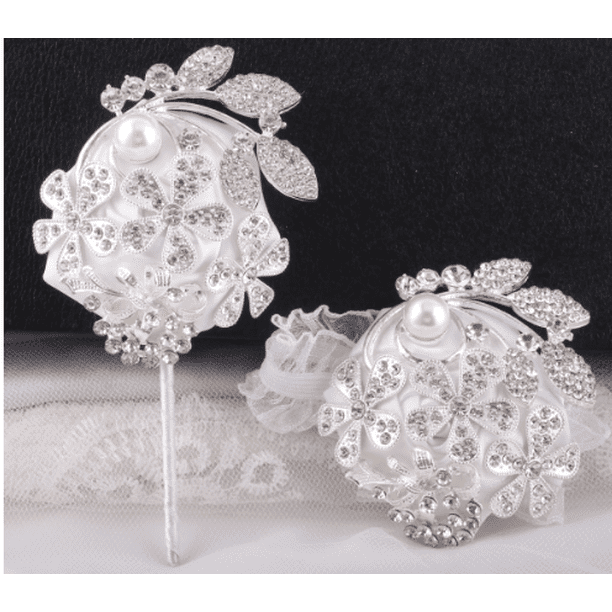 1 juego de pulsera y ramillete de perlas de imitación con diamantes de imitación: pulsera para damas de honor y novias, ramo de flores de tela para la muñeca, ideal para decoración de bodas y gradua