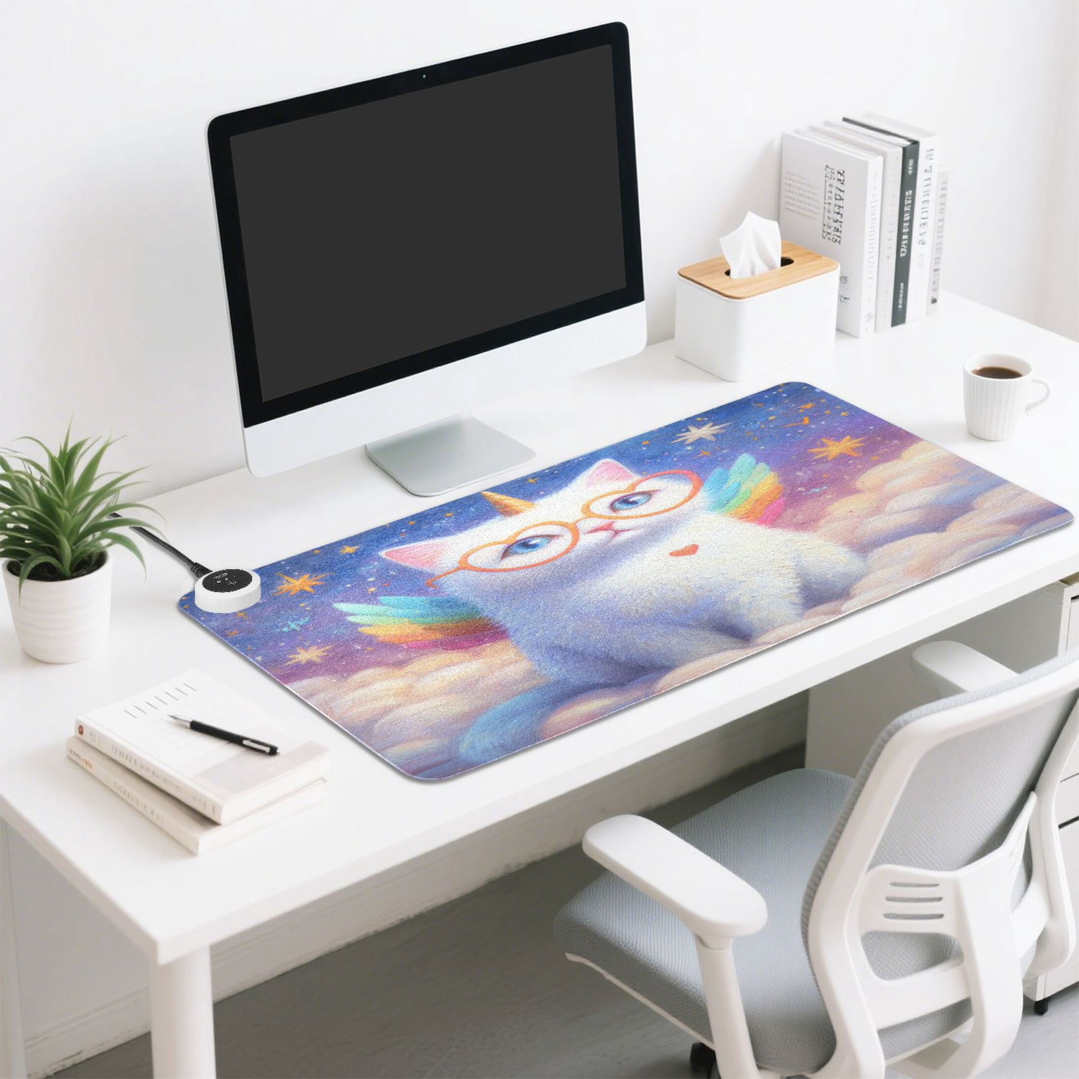 Large Heated Desk Mat Mouse Pad 31.5"x13"PU Leather Graphene Heating Desk Warmer with 3 Temperature Settings 110V US Plug Non-Slip Warm Pad for Home, Office, and Gaming Galaxy Unicorn Kitten Print