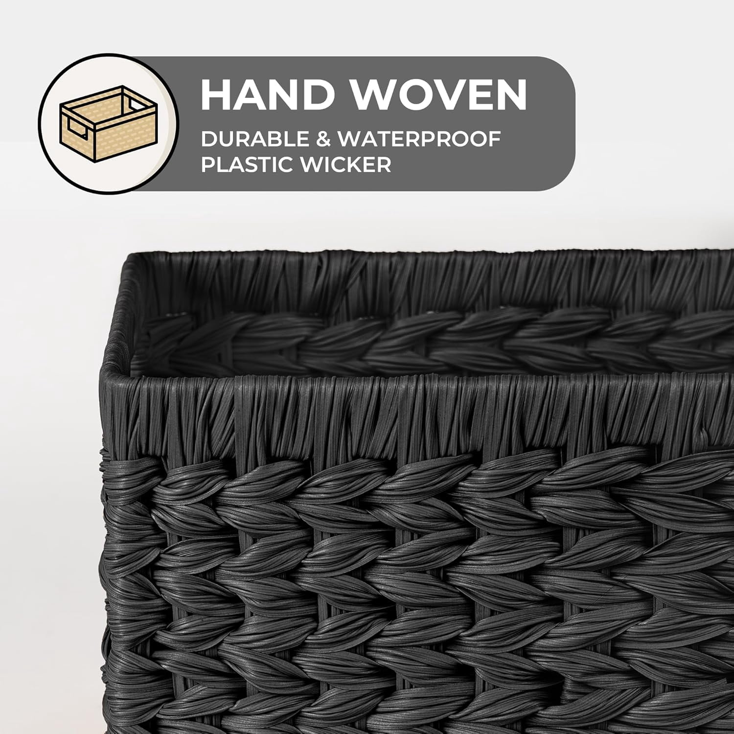 GRANNY SAYS Wicker Storage Baskets for Shelves, Waterproof Woven Baskets for Organizing, Hand Woven Rectangle Basket for Pantry, Black, 2-Pack