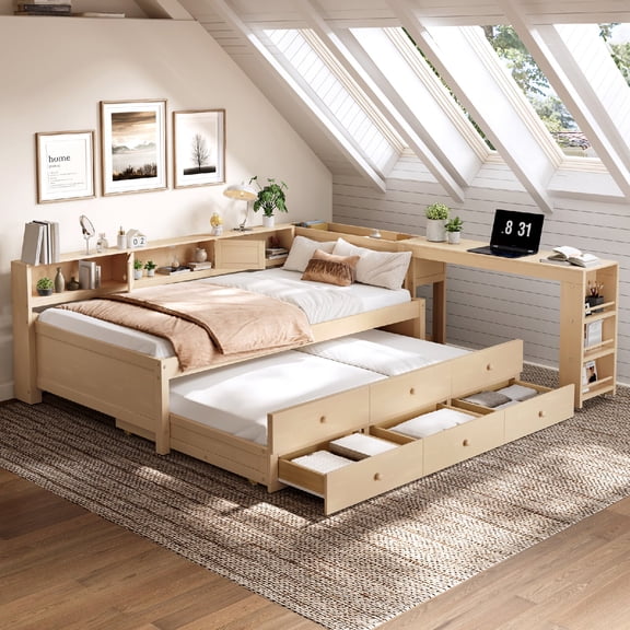 Twin Size Daybed Frame with Side Shelves and Desk,Wood Daybed Frame with Storage Drawers and Trundle for Bedroom, Apartment, Mattress not included, No Box Spring Needed, Golden
