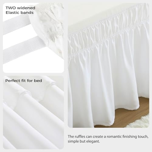 Queen Size 18-Inch Drop White Bed Skirt, Elastic Wrap-Around Dust Ruffle for Bed Frame, Lightweight Adjustable Bed Skirting Easy to Install