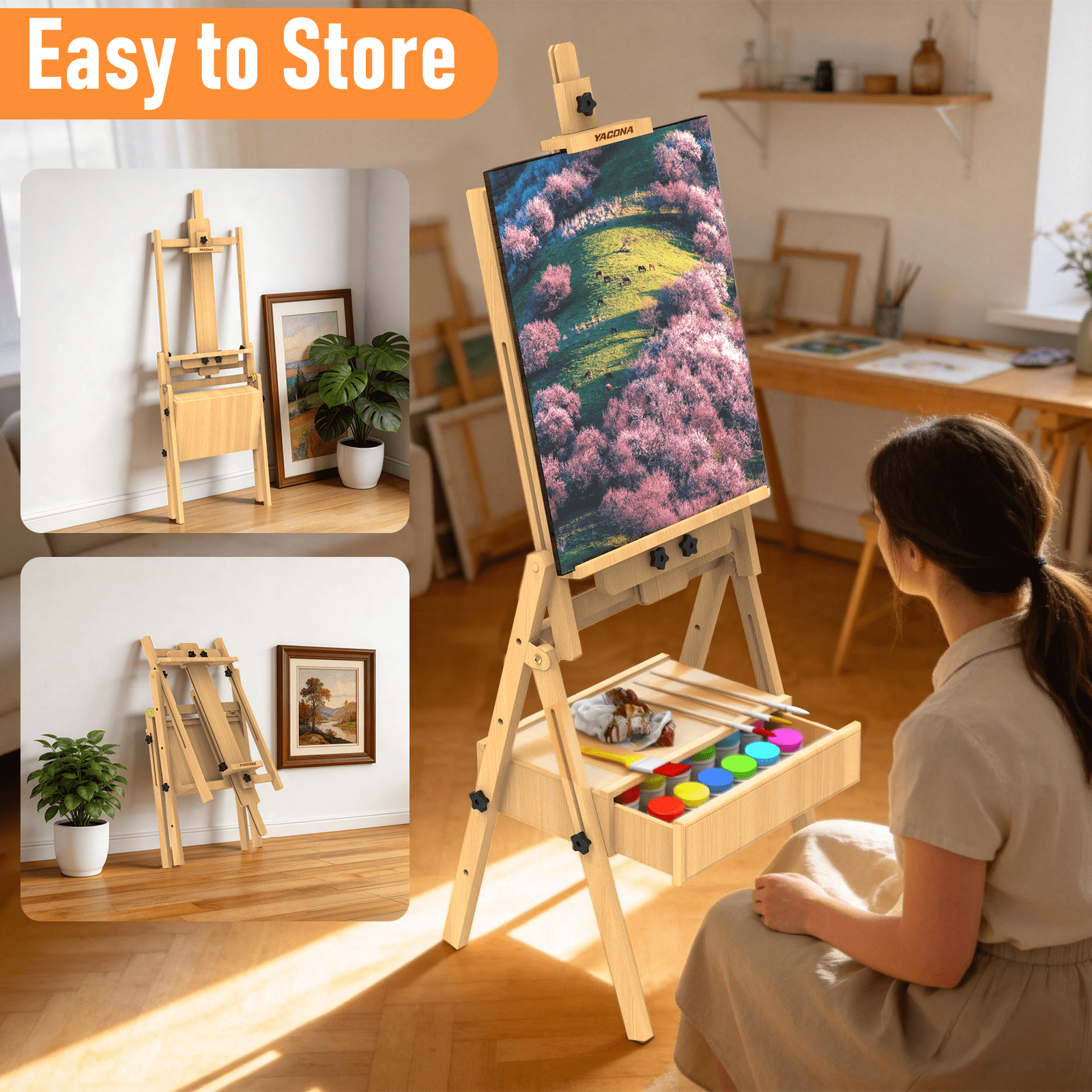 Yacona Easel for Painting, Solid Beech Wood Art Easel for Adults, Adjustable Painting Stand with Drawer, Holds up to 48"
