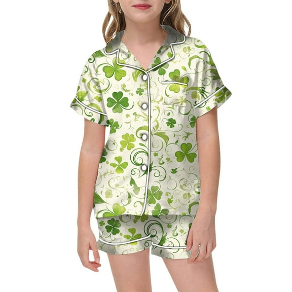 Girls Pajama Set St. Patrick'S Day Satin Short Sleeve Collared Button Down Top And Shorts Shamrock Print Sleepwear Light Green 2 Years-3 Years
