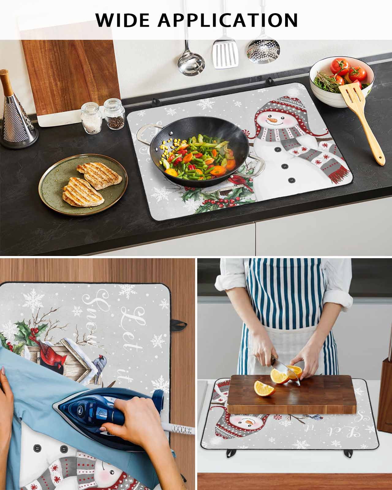 Large Induction Cooktop Protector Mat Grey Snowman Christmas Stove Top Covers for Electric Stove, Xmas Snowflake Birds Berry Winter Decorative Stove Burner Cover Mats, Glass Top Stove Cover