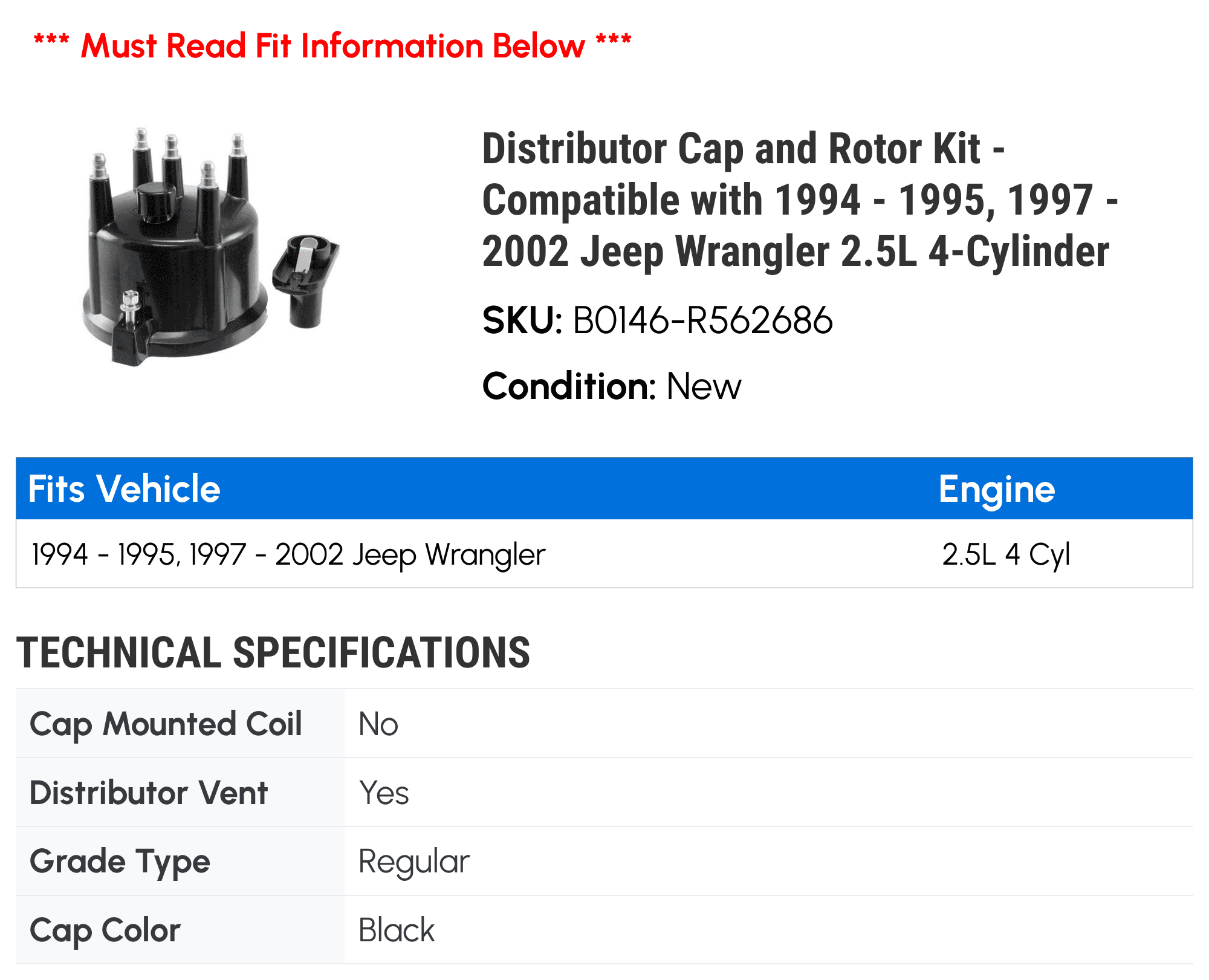 Distributor Cap and Rotor Kit - Compatible with 1994 - 1995, 1997 - 2002 Jeep Wrangler 2.5L 4-Cylinder 1998 1999 2000 2001