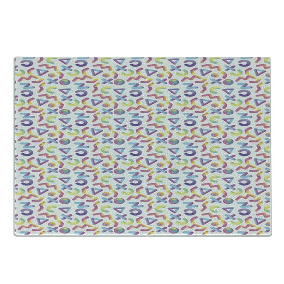 1990s Cutting Board, Ombre Effect Shapes Lines Triangles and Dots Colorful Composition Memphis Design, Decorative Tempered Glass Cutting and Serving Board, in 3 Sizes, by Ambesonne