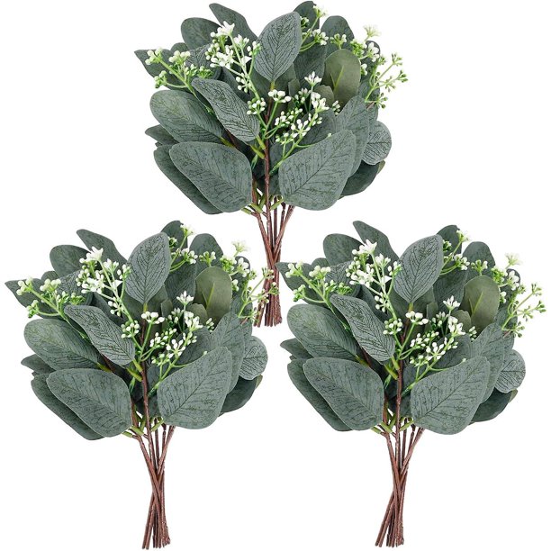 20 piezas tallos de hojas de eucalipto artificiales con semillas blancas, ramas de eucalipto de imitación para ramos florales, decoración de boda