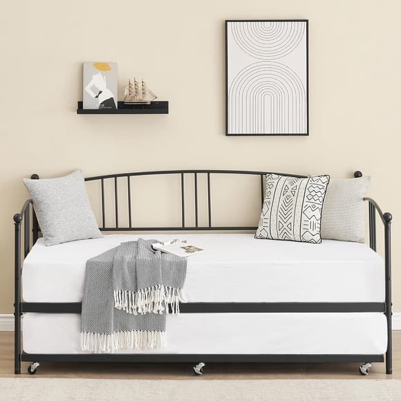 Ourlova Twin Metal Daybed with Trundle, Twin Size Daybed Frame with Pullout Trundle 6 Casters, Steel Slat Support Guest Sofa Bed for Living Room, Bedroom, Apartment, No Box Spring Needed (Black)