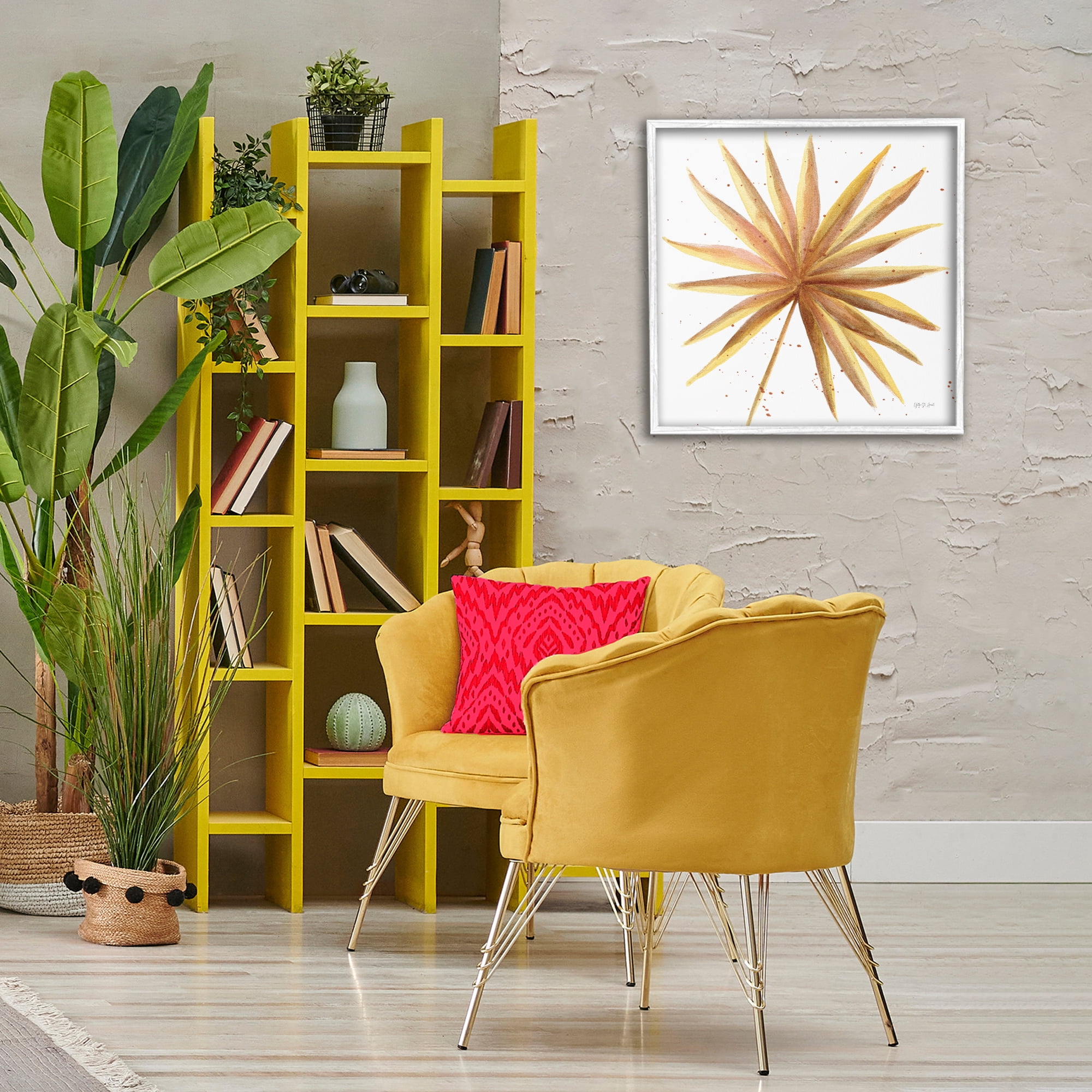 Stupell Industries Golden Palm Frond Botanical & Floral Painting White Framed Art Print Wall Art, 24 x 24