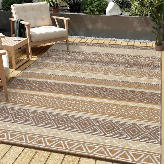 Outdoor Rug 9x12 Waterproof Patio Rug for Camping Outside Carpet Rug for Camping Reversible Plastic Straw Rugs for Rv, Deck, Porch, Picnic, Beach, Balcony, Tan/Beige