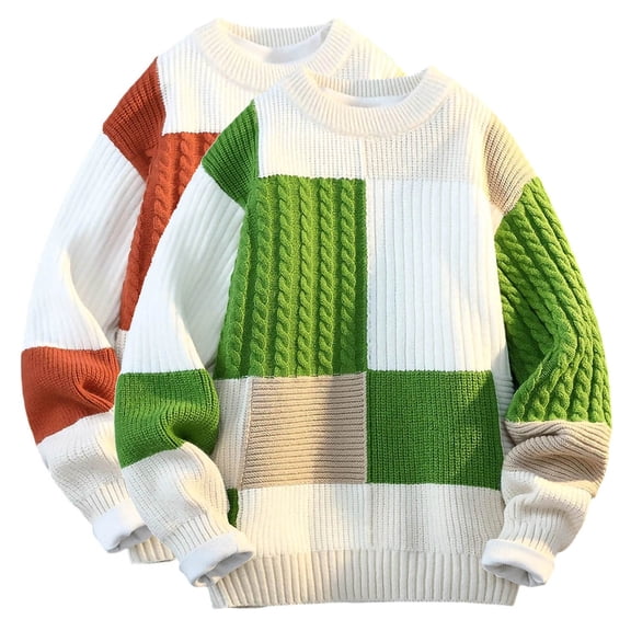 Miluxas Men Patchwork Pullover Sweater Casual Knitted Crewneck Colorblock Thick Knitwear Long Sleeve Winter Warm Jumper Top Orange
