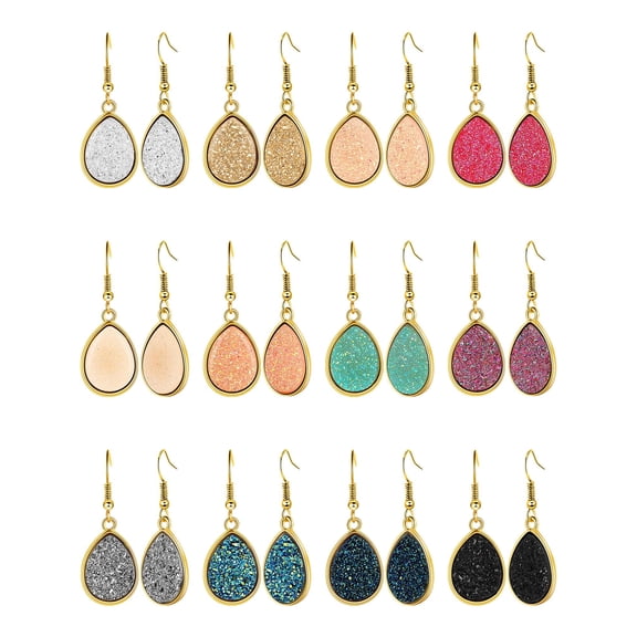 12 PACK Faux Druzy Drop Earrings Crystal Pendant Dangle Multicolor Stainless Steel Earrings for Women