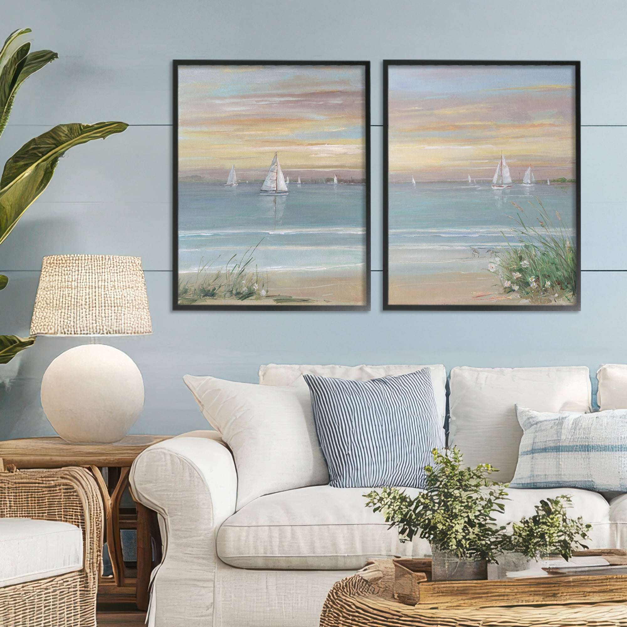 Stupell Industries Summer Shore Panorama 2 Piece Black Framed Giclee Art Set, design by Sally Swatland