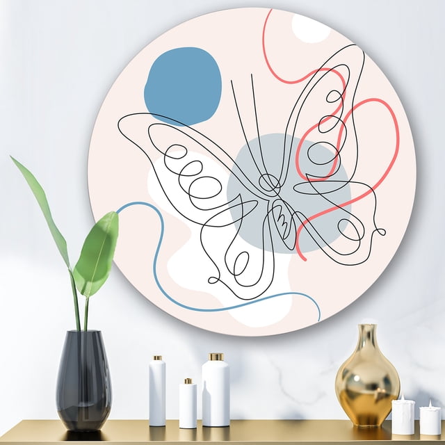 Designart - Butterfly One Line Drawing On Cubism Shapes III - Modern Metal Circle Wall Art