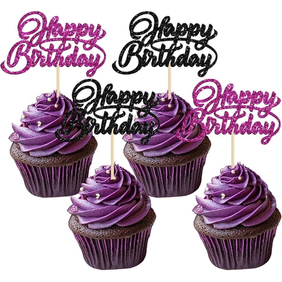 12Pcs Glitter Happy Birthday Cupcake Toppers, 2 Colors Purple Black Picks for Birthday Party Cake Decorations