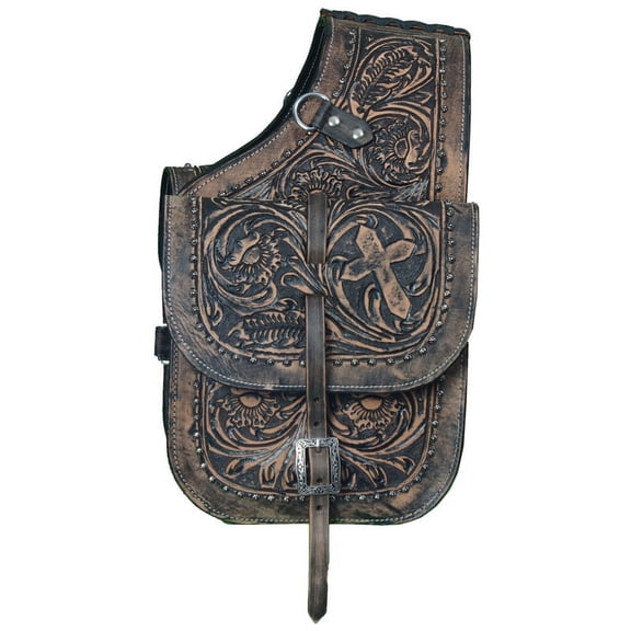 Leather Saddle Bag Black Roughout Floral Tooled and Cross Design