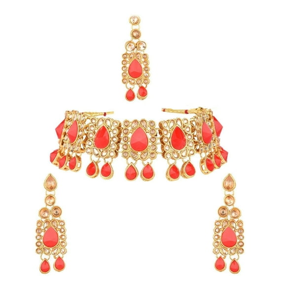 Efulgenz Indian Jewelry Choker Kundan Crystal Necklace Earrings Maang Tikka Head Chain Bollywood Wedding Bridal Set , Red
