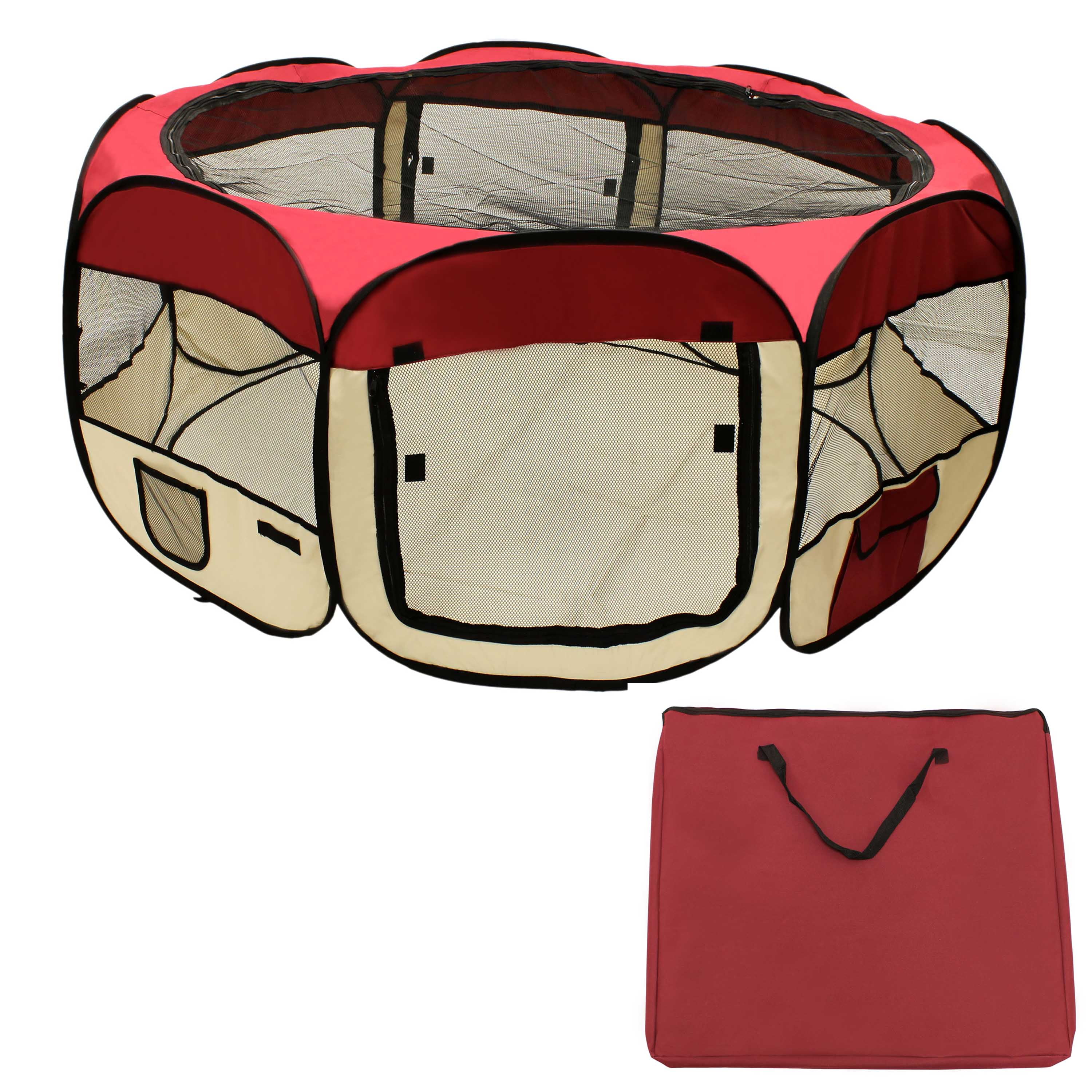 Aleko Octagonal Portable Pop Up Dog Playpen, Burgundy, 3"L x 28"W x 25